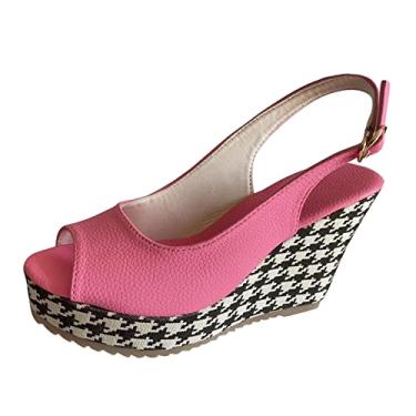 Imagem de Sandálias de plataforma femininas moda verão couro bico aberto fivela mil pássaros xadrez impresso salto cunha grossa sandálias (rosa, 8)