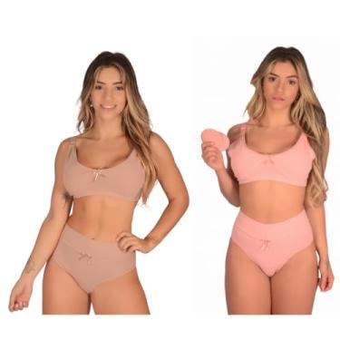 Imagem de Kit com 2 Conjuntoa (Sutiã de Amamentação + Calcinha Pós Parto) Cintura Alta Feminino Confortável Gestante Sutian Algodão Reforçado Amamentar Maternidade (BR, Alfa, G, Regular, Bege l Rosê)