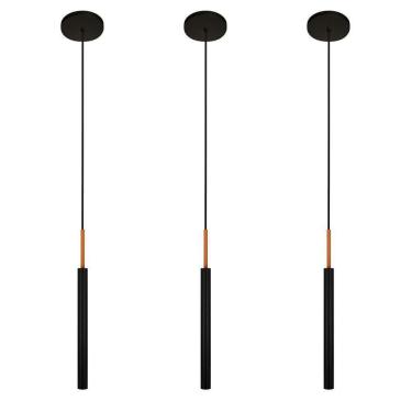 Imagem de Kit 3 Luminárias Pendente Teto Tubo Quarto Preto Cobre 40Cm