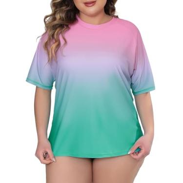 Imagem de Halcurt Camiseta feminina plus sun, roupa de banho, ajuste solto, manga curta, Rash Guard, Turquesa rosa ombré, 3X