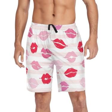 Imagem de CHIFIGNO Calças de pijama masculinas, shorts de dormir atléticos casuais, calça de pijama masculina com bolsos e cordão, Lábios rosa e vermelhos, P