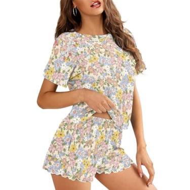 Imagem de ZWPINITUP Conjuntos de roupas de 2 peças conjunto curto feminino de duas peças roupa de verão agasalho de manga curta para o verão, Flores amarelas azuis e rosa, XXXXL