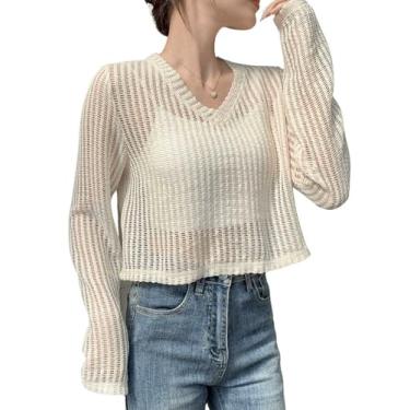 Imagem de RoseSeek Camisetas femininas vazadas de crochê tricotadas manga longa gola V transparente camiseta de malha, Bege, M