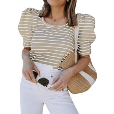 Imagem de Tankaneo Camisetas femininas casuais de verão listradas bufante manga curta ajuste solto túnica top, Caqui, G
