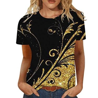 Imagem de PKDong Camisetas femininas de verão 2024 com estampa de flores, gola redonda, manga curta, túnica casual, Amarelo, P