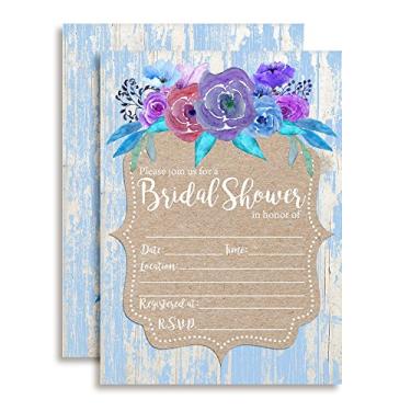 Imagem de Convites de chá de panela floral em aquarela rústica com fundo de madeira azul, 20 cartões de preenchimento de 12,7 x 17,8 cm com vinte envelopes brancos por AmandaCreation