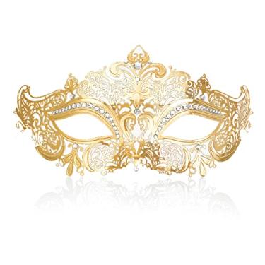 Imagem de Máscara feminina de baile de máscaras de metal brilhante corte a laser com strass máscara de festa (coruja dourada)