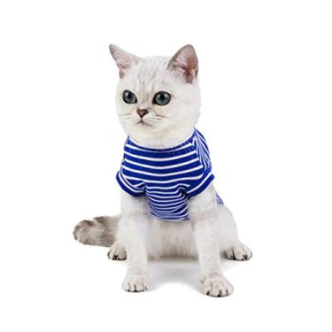 Imagem de Camisetas de verão listradas algodão respirável moda gatinho amigável cães filhotes camiseta tamanho outono camiseta lazer M colete confortável pele - gato animal de estimação camisa azul para gatos