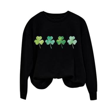 Imagem de Clearance Deals Under 5 Dollars St Patty's Day Shirt Shamrock suéter para mulheres camisa irlandesa feminina gola redonda manga longa top preto GG