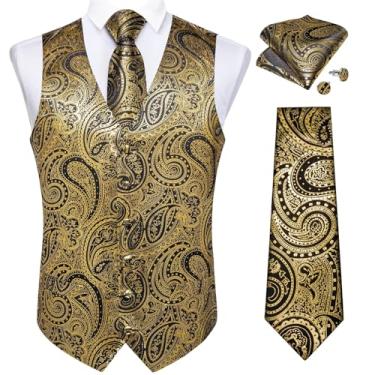 Imagem de BoShiNuo Colete de bronzeamento masculino para negócios preto Paisley colete masculino gravata bolso abotoaduras quadradas vermelho casamento, Mj-0608, G