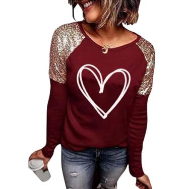 Imagem de Camiseta feminina manga longa com estampa Love Heart para o Dia dos Namorados Color Block com lantejoulas, Vermelho, XXG
