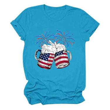Imagem de Camiseta feminina de 4 de julho, gola redonda, mangas curtas, estampas modernas, roupas de verão para o dia da independência, Azul-celeste, XXG