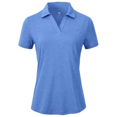 Imagem de BGOWATU Camisa polo feminina de golfe de manga curta com gola V, gola V, proteção UV, ajuste seco, Azul escuro, XXG