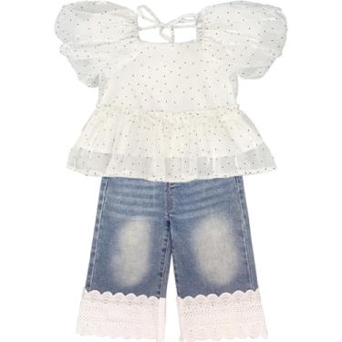 Imagem de Peacolate Conjunto de roupas 2-8T primavera outono meninas 3 peças branco camisa e jeans, Branco, 4-5 Anos