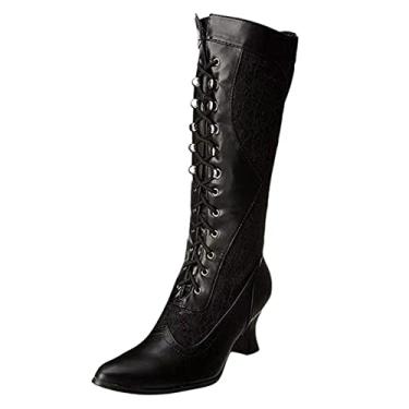 Imagem de Aniywn Botas de cano médio femininas bico fino com cadarço no tornozelo, botas vitorianas, salto de renda, bota ocidental, Preto, 37