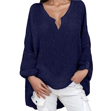 Imagem de Lainuyoah Lindas blusas femininas de verão 2024 da moda de caimento solto 2024 blusas de linho primavera gola V camisa de manga dobrável, C - Azul-marinho, 5G