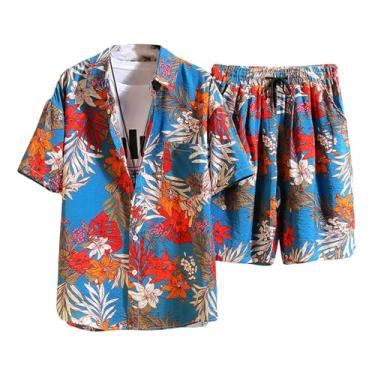 Imagem de Conjunto masculino de manga curta para praia, camisa de secagem rápida, secagem rápida, elástico, conjunto com bolsos, Azul, X-Large