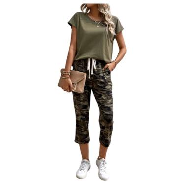 Imagem de Milumia Conjunto feminino de 2 peças, camiseta de manga cavada e calça capri com estampa camuflada, Verde militar, Small