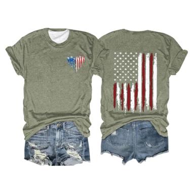 Imagem de Camisetas femininas com bandeira americana manga curta casual coração patriótico camiseta com gola redonda divertida verão 2024, Verde, XXG