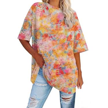 Imagem de Camisetas extragrandes verão amarrado floral blusa casual solta manga curta gola redonda túnica moderna, Laranja, M