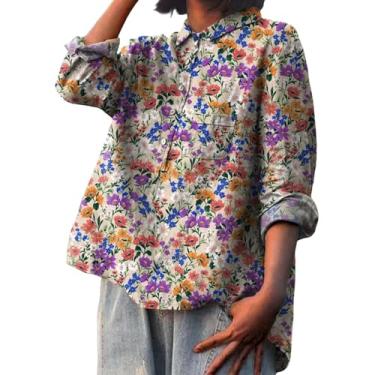 Imagem de Camiseta feminina de linho, estampa de flores, gola de lapela, manga comprida, blusas soltas, roupas casuais elegantes, Roxa, GG