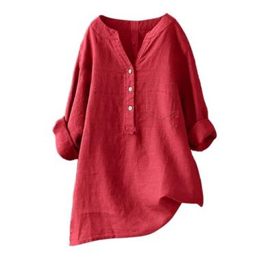 Imagem de Camiseta feminina de linho de cor sólida, manga comprida, gola V, botões, solta, casual, elegante, elegante, Vermelho, 4G