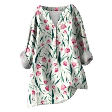 Imagem de Camiseta de verão feminina de linho com estampa floral, manga comprida, gola V, botão, blusa de férias, rosa, 4G