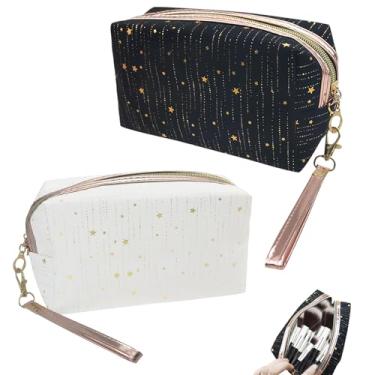 Imagem de Thinslimer 2 unidades de bolsa de maquiagem com estampa quente, bolsa de cosméticos com alça de pulso, à prova d'água à prova de umidade, bolsa organizadora de cosméticos com zíper (preto + branco),