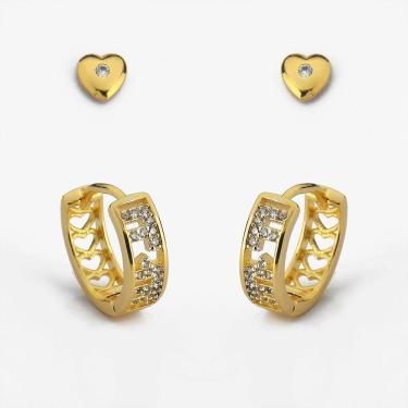 Imagem de Kit Brincos Argola e Segundo Furo Brinco De Coração