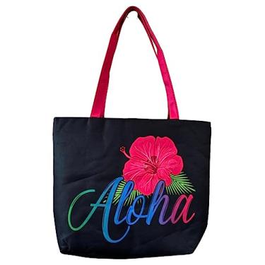 Imagem de Aloha Designs Bolsa de praia grande Aloha bolsa de ombro fralda academia Havaí bolsa de viagem, bolsa de piscina, bolsa noturna, bolsa de mão e bolsa de supermercado com decalque Aloha, Preto, Large