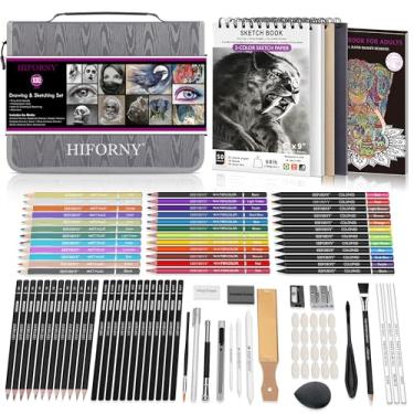 Imagem de HIFORNY Conjunto de 100 peças de desenho e esboço, materiais de arte profissional com grafite, carvão, colorido, aquarela, lápis metálicos, ferramentas de mistura, caderno de desenho e livro de