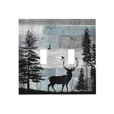 Imagem de Forest Cabin Deer on Wooden Board Double Toggle Light Switch Covers Decorative Country Farmhouse 2 Gang Placa de parede rústica chalé duplo dispositivo elétrico placa frontal para banheiro quarto