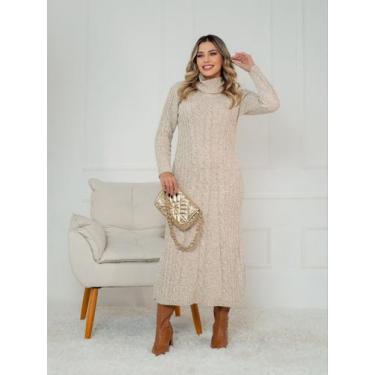 Imagem de Vestido de Tricot Feminino Longo Gola Alta Soltinho Tricô Inverno Mous