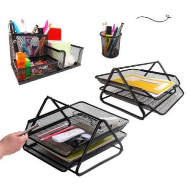 Imagem de Kit Escritório Organizador de Mesa Bandeja Dupla Porta Caneta Lápis Pr