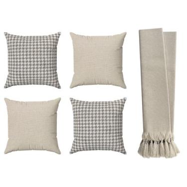 Imagem de Kit 4 Capas De Almofadas 70x70 Grandes Bege Cru + Manta Para Sofá Luxo