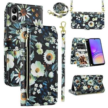 Imagem de Dswteny Capa carteira para Samsung Galaxy A05 com alça de pulso removível, 9+ compartimentos para cartões, bolsa com zíper, suporte de couro floral, suporte para cartão, capa para celular Ao5 A 05