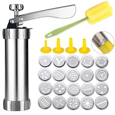 Imagem de Kit de pistola de prensa de biscoito Spritz, conjunto de pistola de biscoito de aço inoxidável com 20 discos de biscoito e 4 bocais para fazer biscoitos DIY e Churro Maker