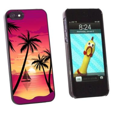 Imagem de Graphics and More Beach Sunset – Capa protetora rígida de encaixe com palmeira, barco à vela, férias para Apple iPhone 5/5s – Embalagem não varejista – Preta