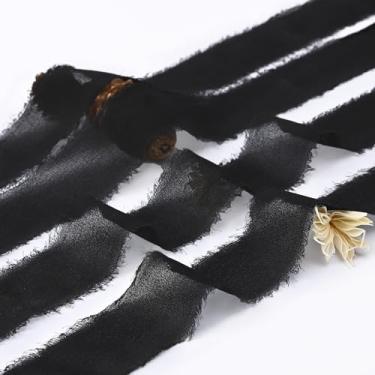Imagem de U-LIAN 4 peças de fita de seda de chiffon com franja feita à mão 3,8 cm x 5,47 m x 4 peças (total 21,87 jardas) conjunto de fitas pretas para convites de casamento, buquês de noiva, embrulhos de
