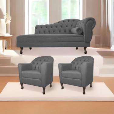 Imagem de Kit Diva Recamier Juliana 185cm Lado Esquerdo e 02 Poltronas Julia Linho Cinza Escuro - Amarena Móveis
