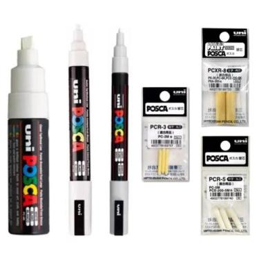 Imagem de Kit 3 Posca Branco PC-3M PC-5M PC-8K + Refil - Uni-Ball