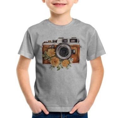 Imagem de Camiseta Infantil Máquina Fotográfica Vintage e Flores - Foca na Moda,