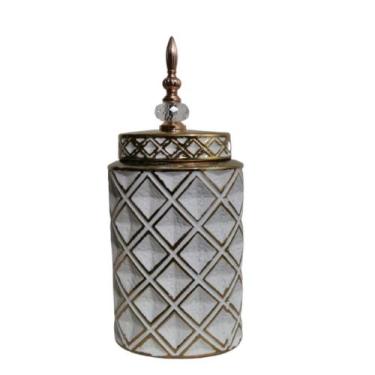 Imagem de Potiche Ceramica Branco c Detalhes Losangos Dourado Formosa - LUXdecor
