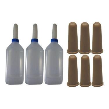 Imagem de 3 Mamadeiras Bezerro 2l Bico Pvc + 6 Bicos Pvc Atóxico - COMBO