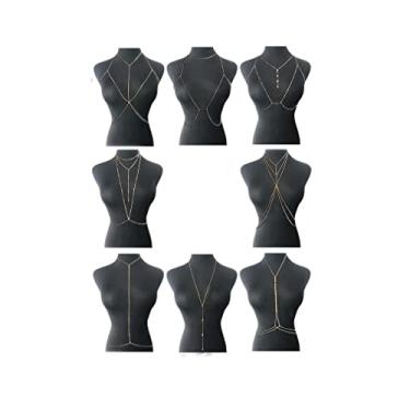 Imagem de Tornito 4-8 peças corrente corporal sexy corrente de cintura barriga colar verão praia crossover sutiã de biquíni joias corporais para mulheres tom dourado, Zircônia cúbica