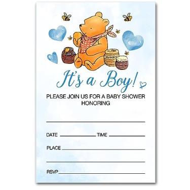 Imagem de brayqu Convites para festa de chá de bebê Ursinho Pooh It's a Boy Baby Shower Convites para festa de chá de bebê menino Pooh (20 cartões com envelopes)