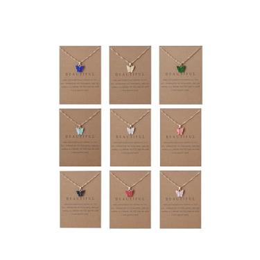 Imagem de COLORFUL BLING Conjunto de colar com pingente de borboleta fofo de 5 a 9 peças para mulheres, adolescentes e meninas, colar de borboleta de acrílico com cartão de mensagem, amizade, joia BFF,
