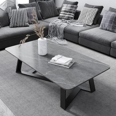 Imagem de Mesa de centro retangular moderna, mesa central de 78 cm para casa com tampo de pedra sinterizada e moldura de aço preta com pernas cruzadas, mesa de sofá para sala de estar, sala de jantar, chá,
