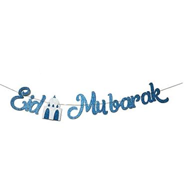 Imagem de Eid Mubarak Banner Eid Mubarak Decorações para casa, muçulmano Eid Mubarak Festival Garland Banner, Ramadan Mubarak Mantel Lareira Decoração Pré-montada (Azul Prata)