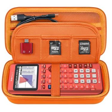 Imagem de Elonbo Estojo de transporte para calculadora gráfica colorida Texas Instruments TI-84 Plus CE/TI-84 Plus/TI-83 Plus/TI-83 Plus CE, bolso de malha extra para carregador de cabo de carregamento, laranja